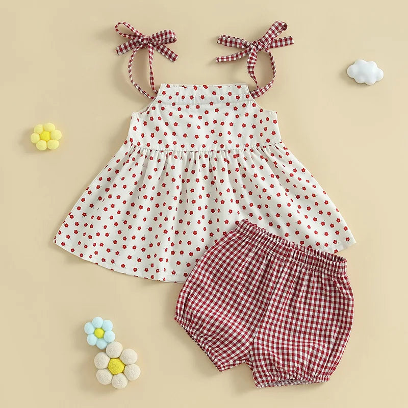 Baby Girl Summer Clothes Floral Print Tie-up Spaghetti Strap Cami Tops + Elastic Waist Plaid Shorts Set
