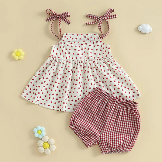 Baby Girl Summer Clothes Floral Print Tie-up Spaghetti Strap Cami Tops + Elastic Waist Plaid Shorts Set