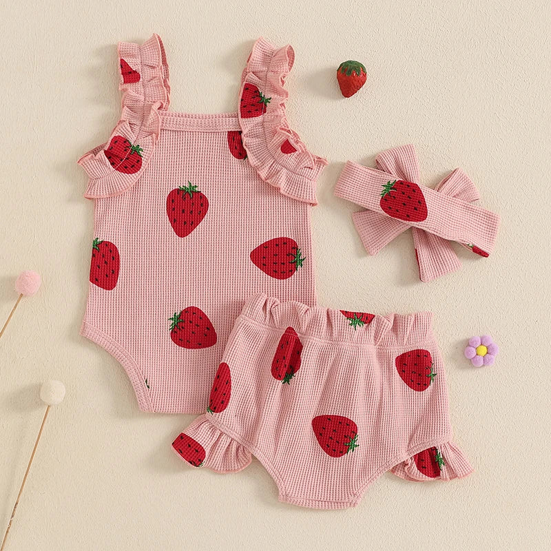 Baby Girls Summer Outfits Bow/Strawberry Print Sleeveless Romper with Ruffled Shorts Bow Headband 3Pcs Set