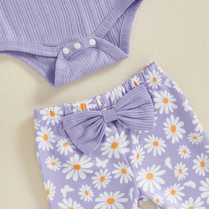 Baby Girl 3 Piece Fall Outfit, Long Sleeve Ribbed Romper Daisy Flare Pants Bow Headband