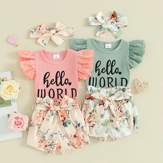 Baby Girls Shorts Outfits Letter Print Fly Sleeve Romper with Floral Shorts and Heaband 3Pcs Summer Set