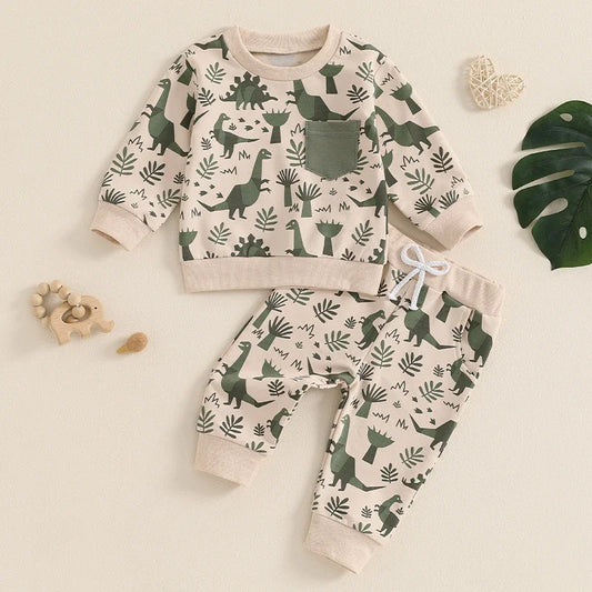 Toddler Boys Fall Outfits Dinosaur Print Pocket Long Sleeve Sweatshirts and Long Pants 2Pcs Clothes Set