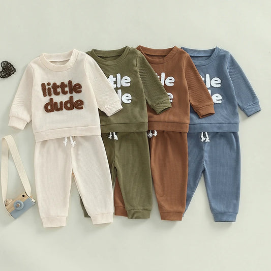 Toddler Boy Girl Waffle Outfit Letter Embroidery Long Sleeve Sweatshirt with Elastic Waist Solid Pants Set