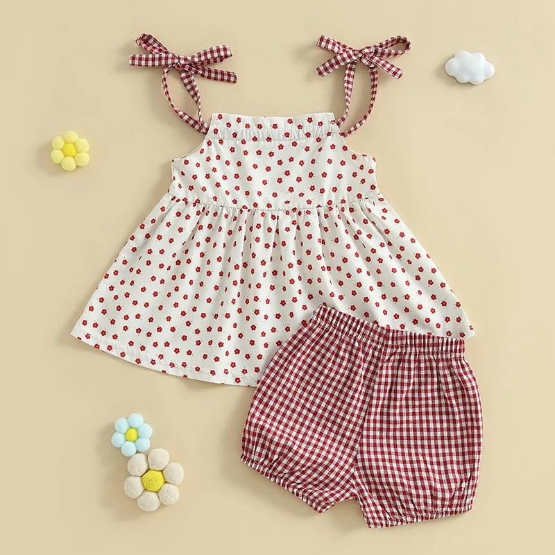 Baby Girl Summer Clothes Floral Print Tie-up Spaghetti Strap Cami Tops + Elastic Waist Plaid Shorts Set