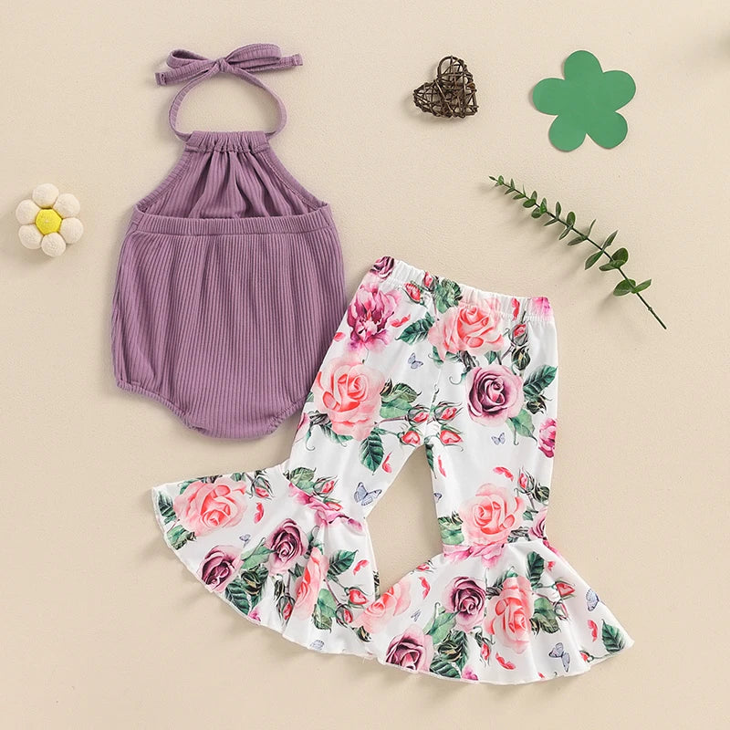 Baby Girl Summer Outfits Tie-Up Halter Neck Sleeveless Rompers Flower Print Flared Pants 2Pcs Clothes Set