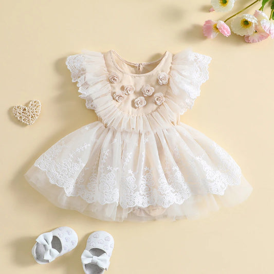 Baby Girls Dress Fly Sleeve Crew Neck Flower Lace Tulle Patchwork A-line Romper Dress
