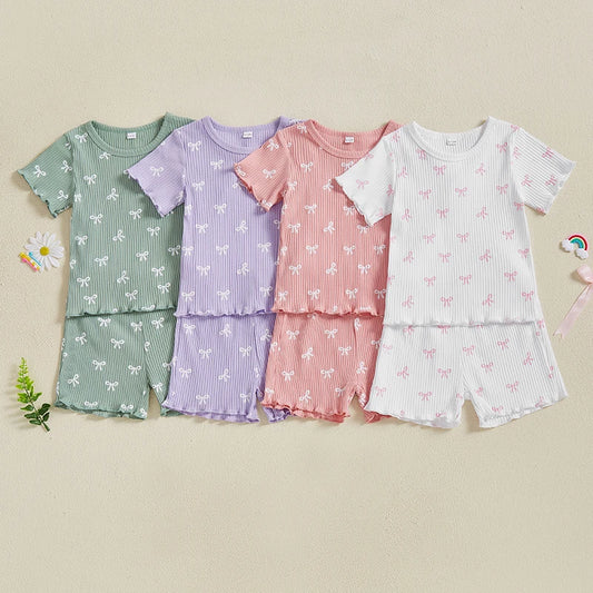 Toddler Baby Girl Bow Ribbed Outfit Lettuce Trim Short Sleeve Tops Elastic Waist Shorts Summer Set