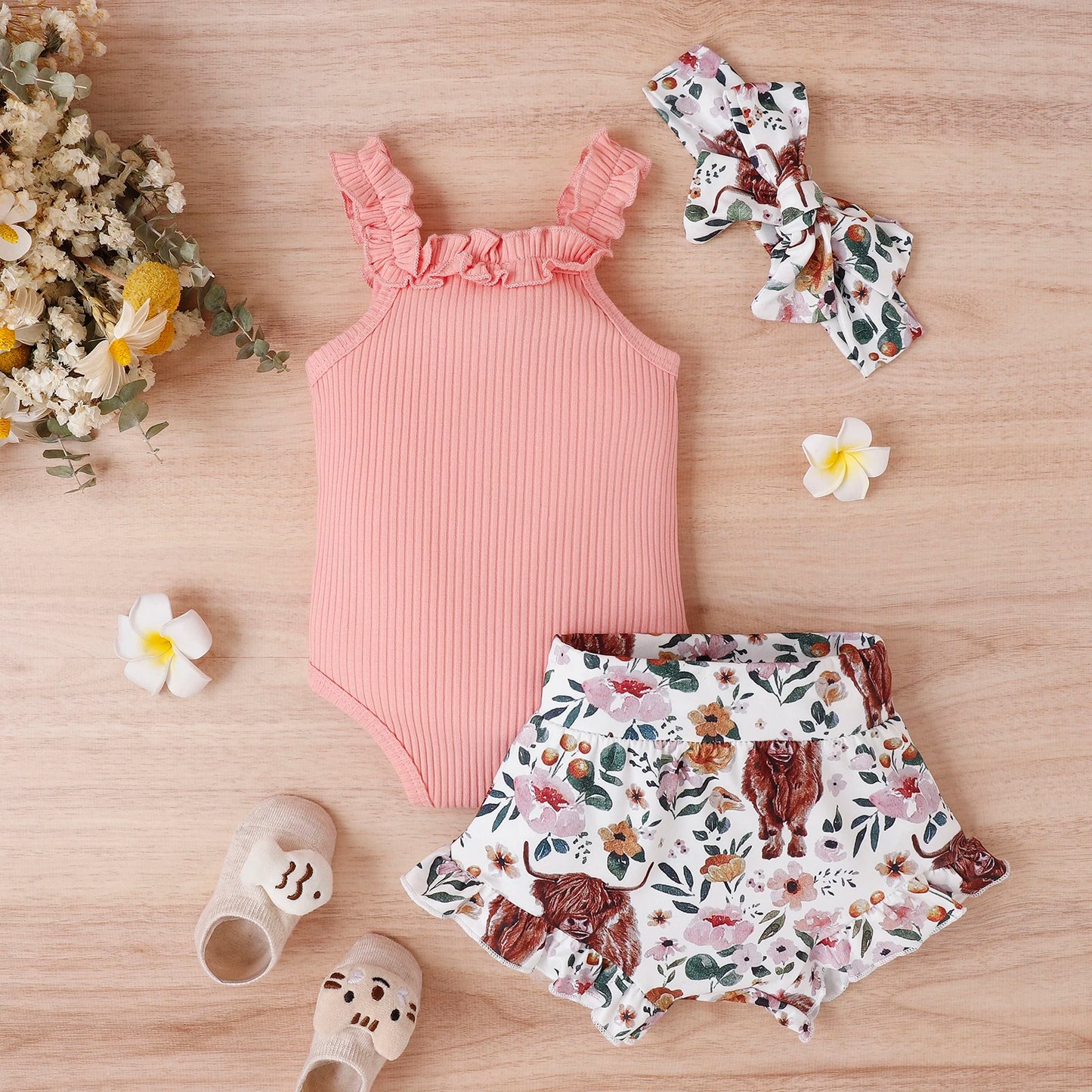 Infant Baby Girl 3Pcs Off Shoulder Romper Tops Bull Print Short Pants Head Band Summer Clothing