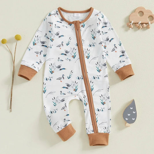 Baby Boy Romper Duck Print Zip Up Long Sleeve Round Neck Jumpsuit