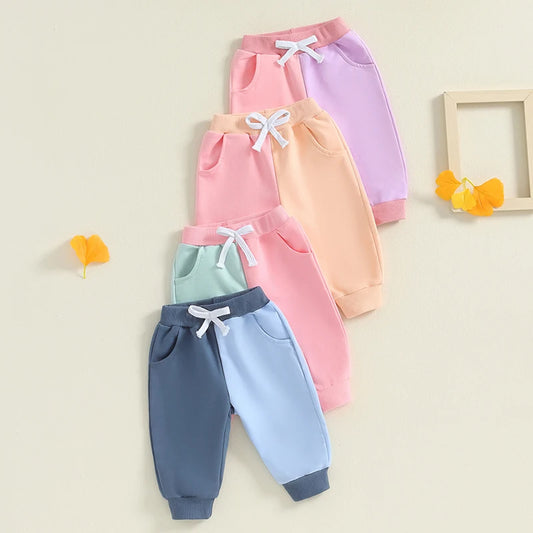Little Kids Contrast Color Pants Pocket Drawstring Elastic Waistband Fall Long Trousers
