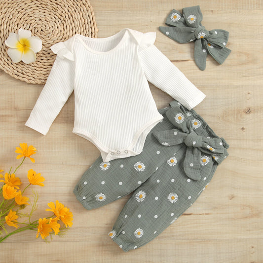 Baby Girls 3PCS Suit Long Sleeve Plain Ribbed Snap Romper Daisies Ruched Long Pants Bow Headband