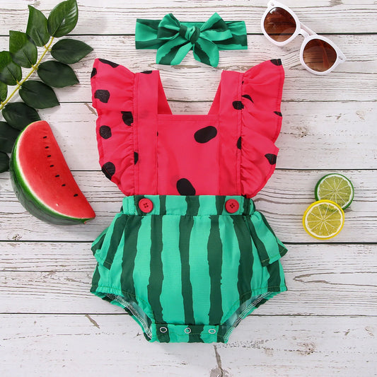 Newborn Baby Girl 2 Pcs Outfits Watermelon Print Design Square Neck Fly Sleeve Bodysuit Headband