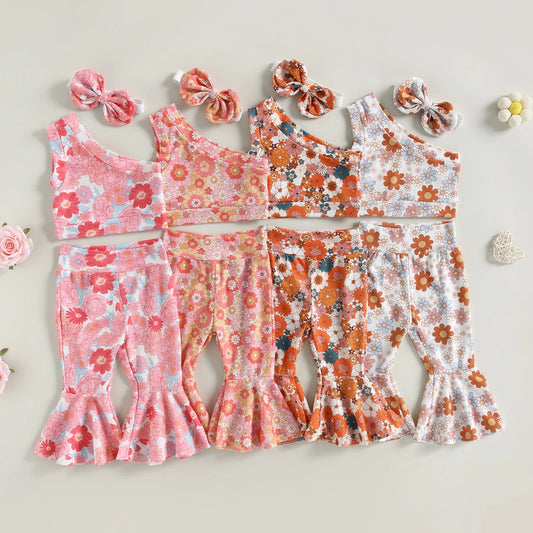 Toddler Girls 3Pcs Summer Outfit Sets Sleeveless One Shoulder Vest Floral Flared Pants Headband