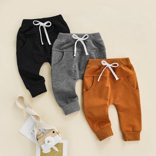 Boys Sweatpants Elastic Waist Adjustable Drawstring Plain Loose Fit Long Pants