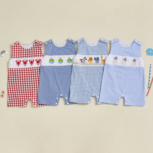 Baby Boys Romper Animal Embroidery Plaid Sleeveless Crew Neck Jumpsuit Summer Overalls