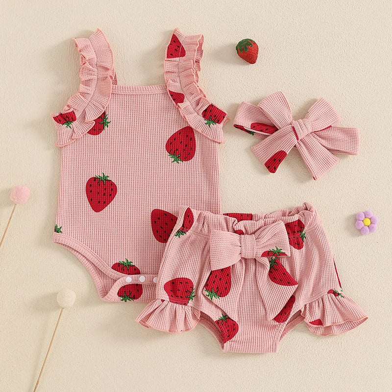 Baby Girls Summer Outfits Bow/Strawberry Print Sleeveless Romper with Ruffled Shorts Bow Headband 3Pcs Set