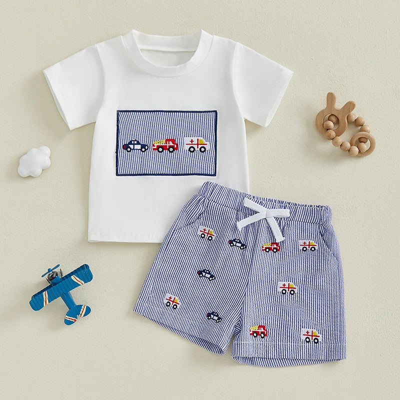 Toddler Baby Boy Shorts Set Vehicle Embroidered Short Sleeve Tops Striped Elastic Waist Shorts Outfit
