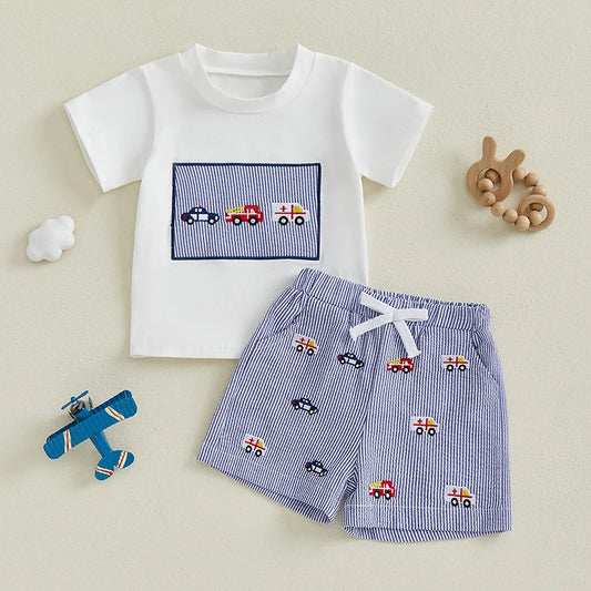 Toddler Baby Boy Shorts Set Vehicle Embroidered Short Sleeve Tops Striped Elastic Waist Shorts Outfit