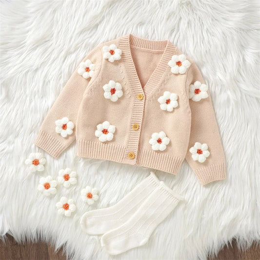 Winter Baby Girl Cardigan Long Sleeve V Neck Button Closure Flower Knit Sweater Baby Girl Sweater