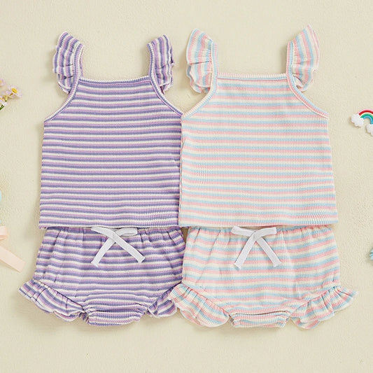 Toddler Baby Girl Striped Outfit Fly Sleeve Cami Tops Elastic Waist Ruffle Shorts Baby Girls Summer Outfit