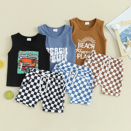 Toddler Boys Summer Outfits Letter Car Print Sleeveless Tank Tops and Checkerboard Elastic Waist Shorts Clothes Set
