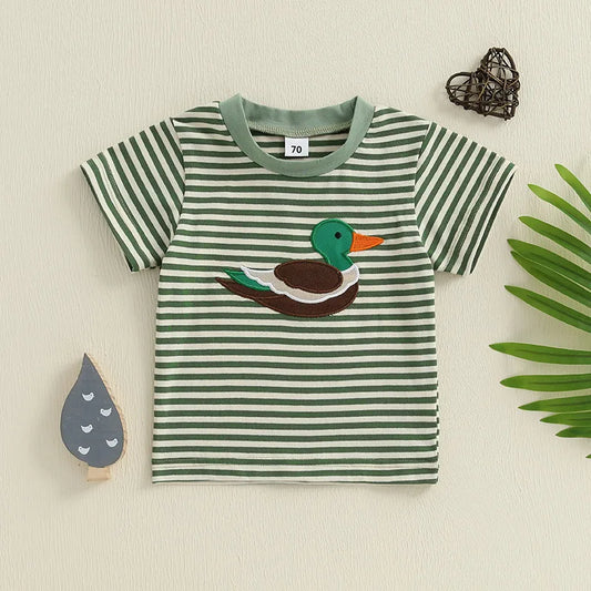 Toddler Boy Summer T-Shirt Duck Embroidery Short Sleeve Round Neck Stripe Print Top