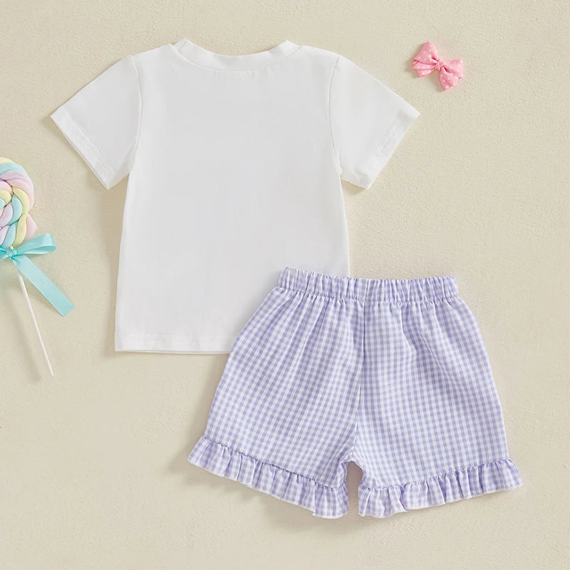 Toddler Baby Girl Summer Outfit Bow Embroidery Short Sleeve Tops Plaid Ruffle Shorts Set
