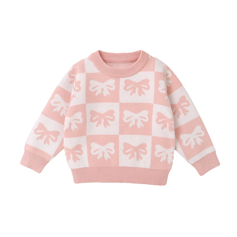 Toddler Girls Sweater Bowknot Print Contrast Color Crew Neck Long Sleeve Baby Pullovers Fall Clothes Tops