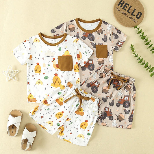 Toddler Boy Girl Summer Clothes Cute Farm Baby Chicken Outfit Set Short Sleeve Cartoon T-Shirt and Shorts