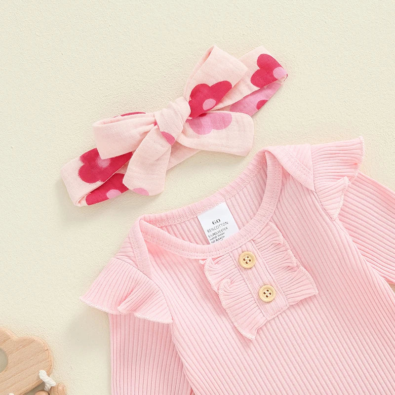 Baby Girls 3Pcs Fall Outfits Long Sleeve Ribbed Romper + Floral Pants + Headband Set Infant Clothes