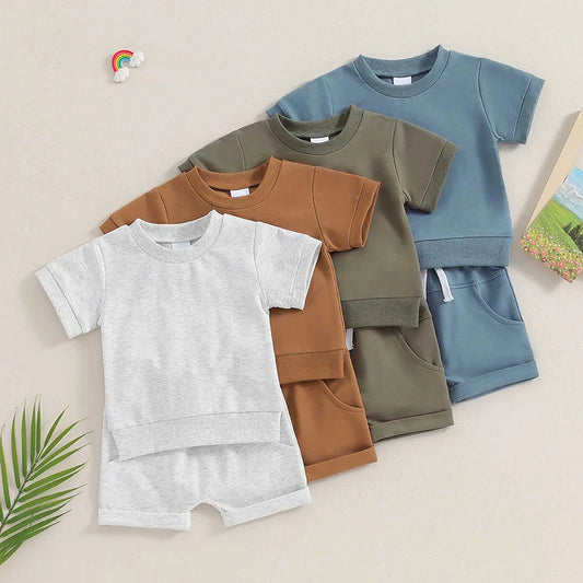 Toddler Baby Summer Clothes Solid Color Short Sleeve Round Neck T-Shirt with Shorts 2Pcs Outfit