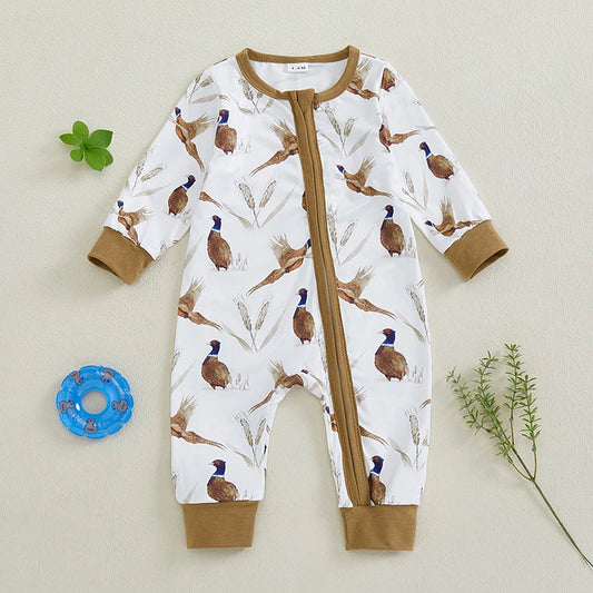Baby Boys Romper Bird Pattern Zipper Closure Long Sleeve Crew Neck Jumpsuit