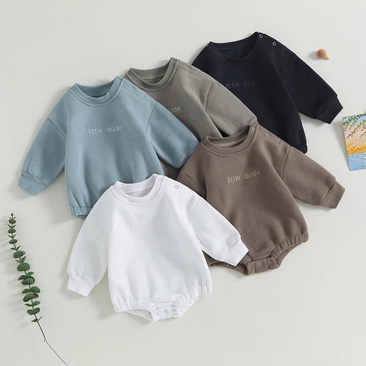 Baby Boys Sweatshirt Bodysuit Long Sleeve Round Neck Letter Embroidery "Little Dude" Bodysuit