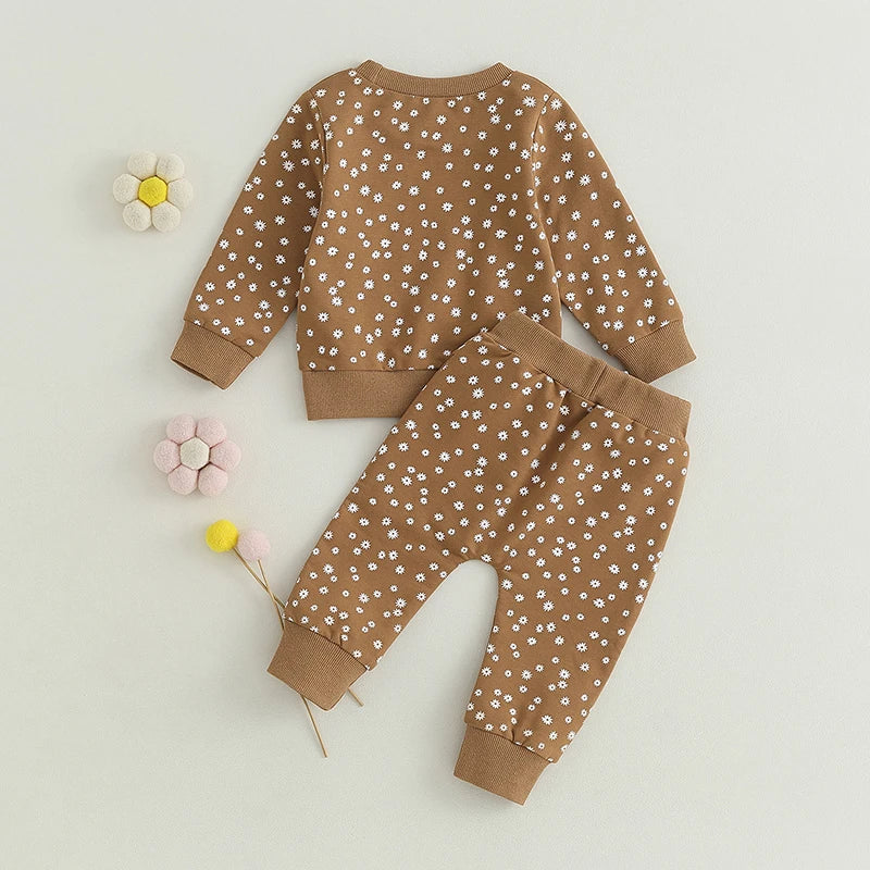 Baby Girls Fall Outfit Flower Print Long Sleeve Crew Neck Sweatshirt Sweatpants Fall Clothes