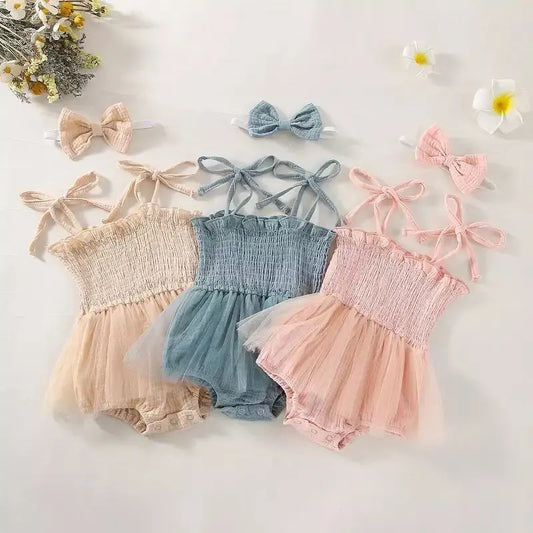 2Pcs Summer Newborn Infant Baby Girls Boys Sleeveless Strap Ruffles Lace-Up Pleated Mesh Loose Romper+Hairband