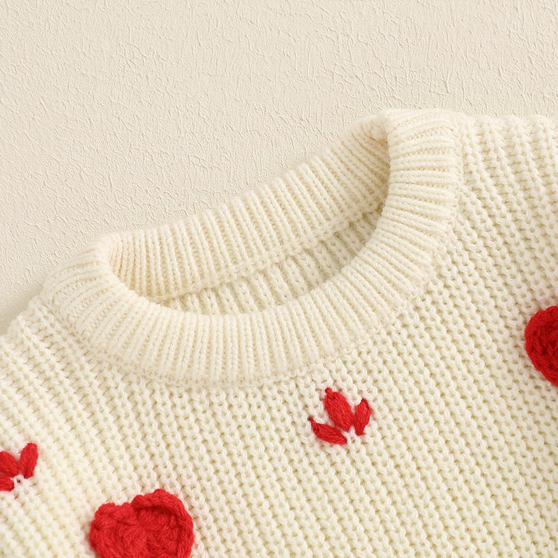 Toddler Girls Valentine's Day Sweaters Heart Long Sleeve O-Neck Ribbed Chunky Knit Jumper Tops
