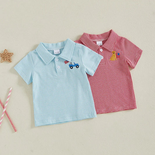 Toddler Baby Boy Embroidered Striped Collared Short Sleeve Summer Polo Top