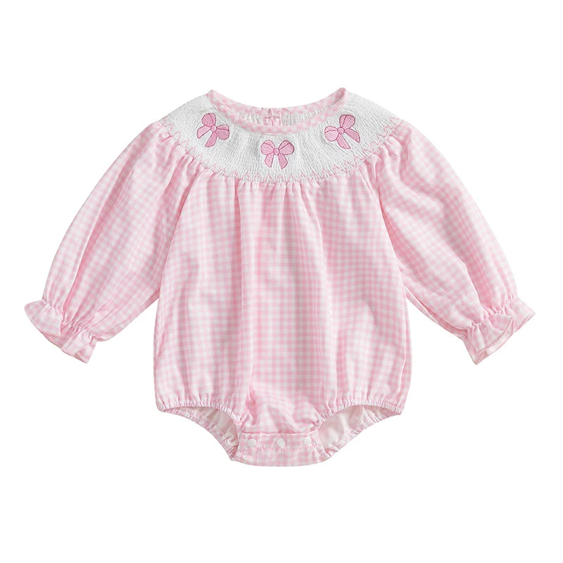 Newborn Baby Girls Cute Romper Bow Embroidery Plaid Long Sleeve Jumpsuits Infant Toddler Fashion Clothes