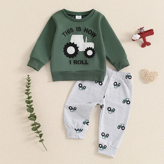 Baby Boys Pants Set Tractor Print Long Sleeve Sweatshirt with Elastic Waist Sweatpants Infant Clothes