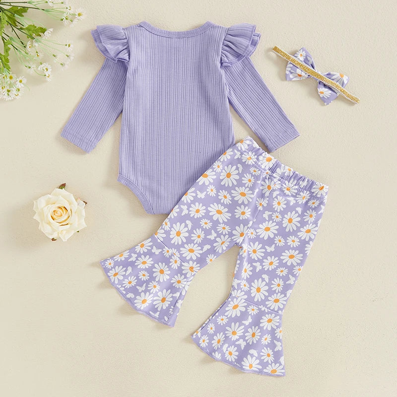 Baby Girl 3 Piece Fall Outfit, Long Sleeve Ribbed Romper Daisy Flare Pants Bow Headband