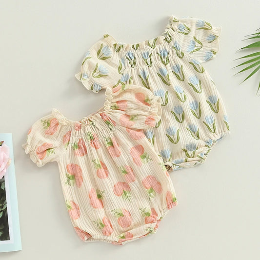 Infant Baby Girls Bodysuit Flower Print Short Puff Sleeve Newborn Jumpsuits 2 Styles Summer Clothes