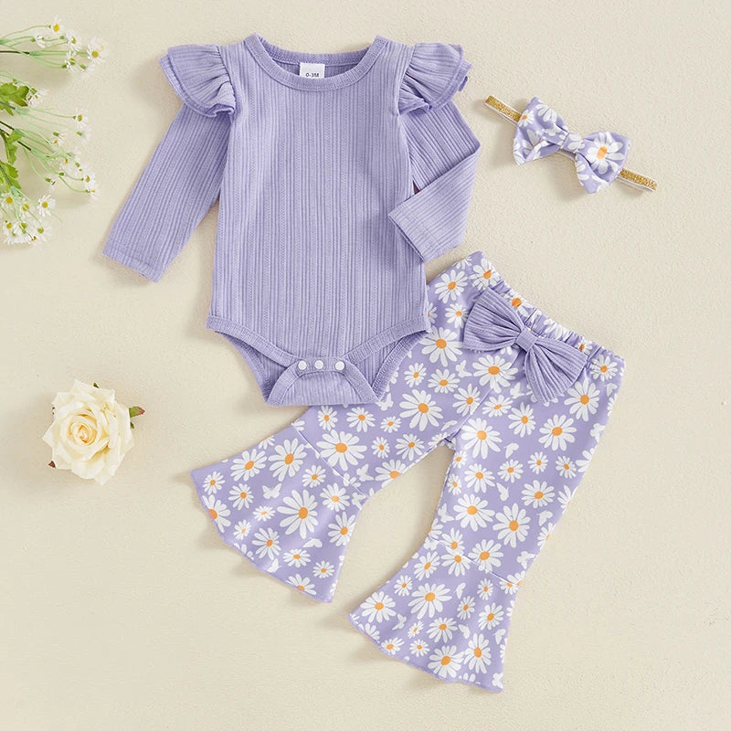 Baby Girl 3 Piece Fall Outfit, Long Sleeve Ribbed Romper Daisy Flare Pants Bow Headband