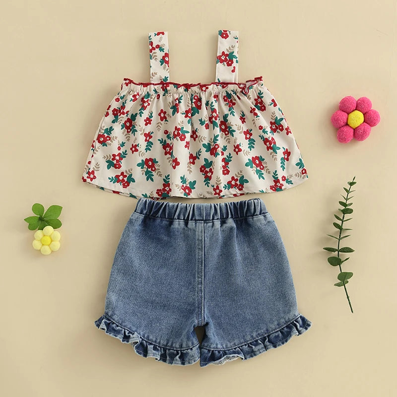 Baby Girls Summer Outfits Floral Print Sleeveless Camisole and Elastic Ruffled Denim Shorts Set Clothes
