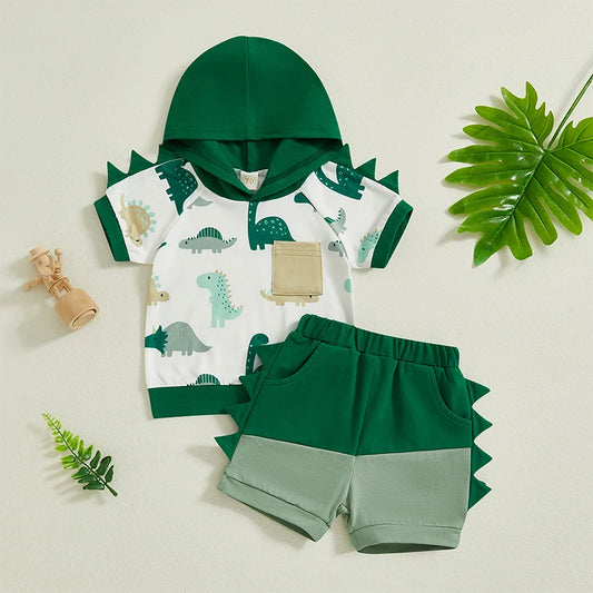 Toddler Baby Boy Summer Outfits Short Sleeve Dinosaur Print Hooded Tops+Shorts Set Clothes