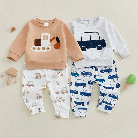 Toddler Baby Boy Outfit Car Embroidery Long Sleeve Pullover Sweatshirt Elastic Waist Pants 2 Piece Set