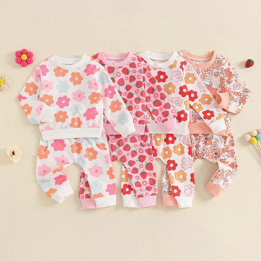 Toddler Girl Fall Outfits Floral Print Crew Neck Long Sleeve Sweatshirts and Long Pants 2Pcs Clothes Set