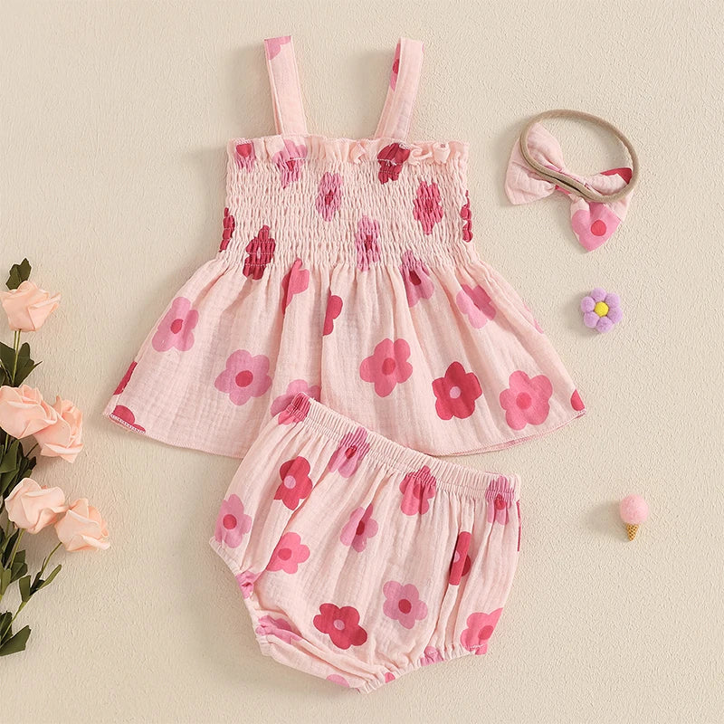 Baby Girl Summer Clothes Floral Print Suspender Smocked Tank Tops + Elastic Waist Shorts + Bow Headband 3Pcs Set