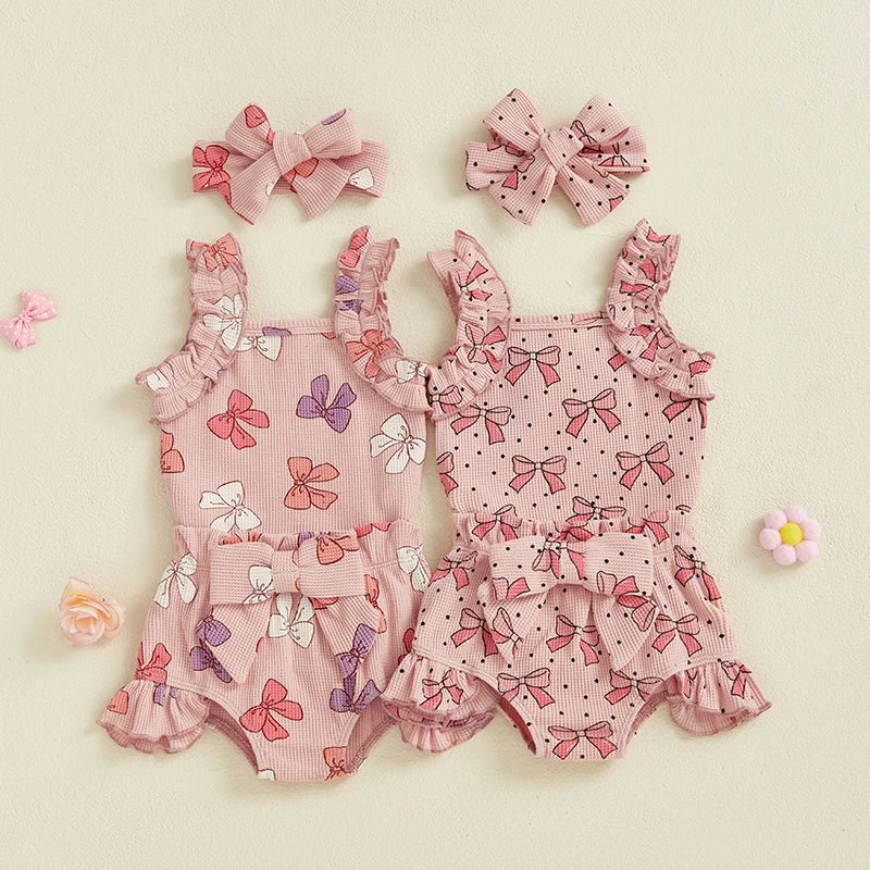 Baby Girls Summer Outfits Bow/Strawberry Print Sleeveless Romper with Ruffled Shorts Bow Headband 3Pcs Set