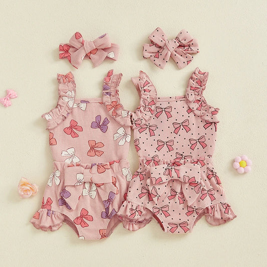Baby Girls Summer Outfits Bow/Strawberry Print Sleeveless Romper with Ruffled Shorts Bow Headband 3Pcs Set
