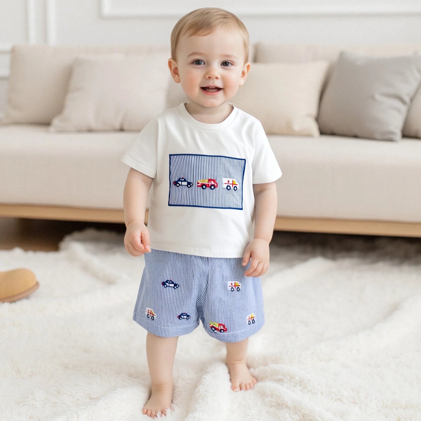 Toddler Baby Boy Shorts Set Vehicle Embroidered Short Sleeve Tops Striped Elastic Waist Shorts Outfit